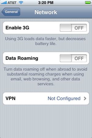 3g settings displayed on the fifth beta release CG